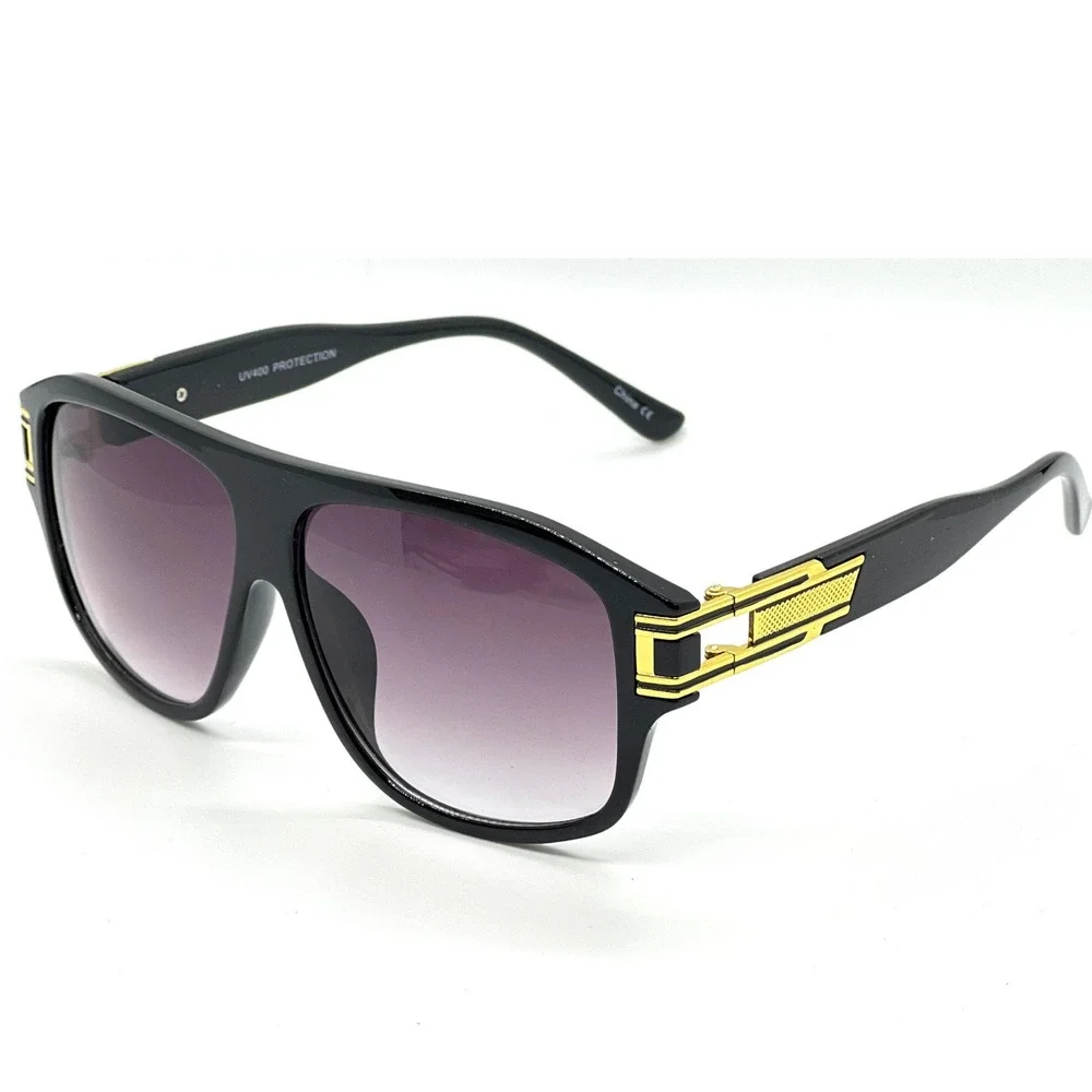Flat Top Sunglasses Black Gold Accent UV400 Protection Fashion Shades Trendy New